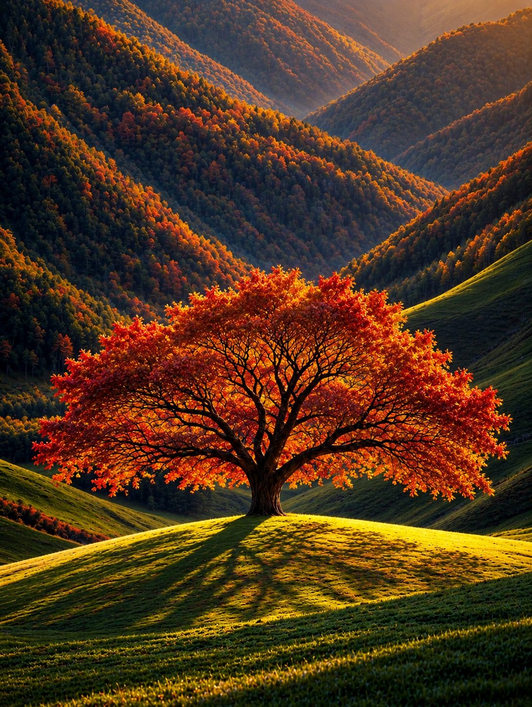 Autumn tree on a sunlit hill
